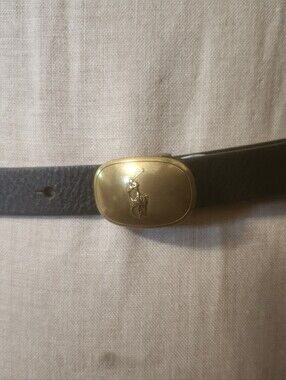 Ralph Lauren Polo Black Pebbled Leather Belt With Brass Engraved Buckle